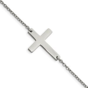 Polished Stainless Steel Sideways Cross Bracelet, 7.25 Inch